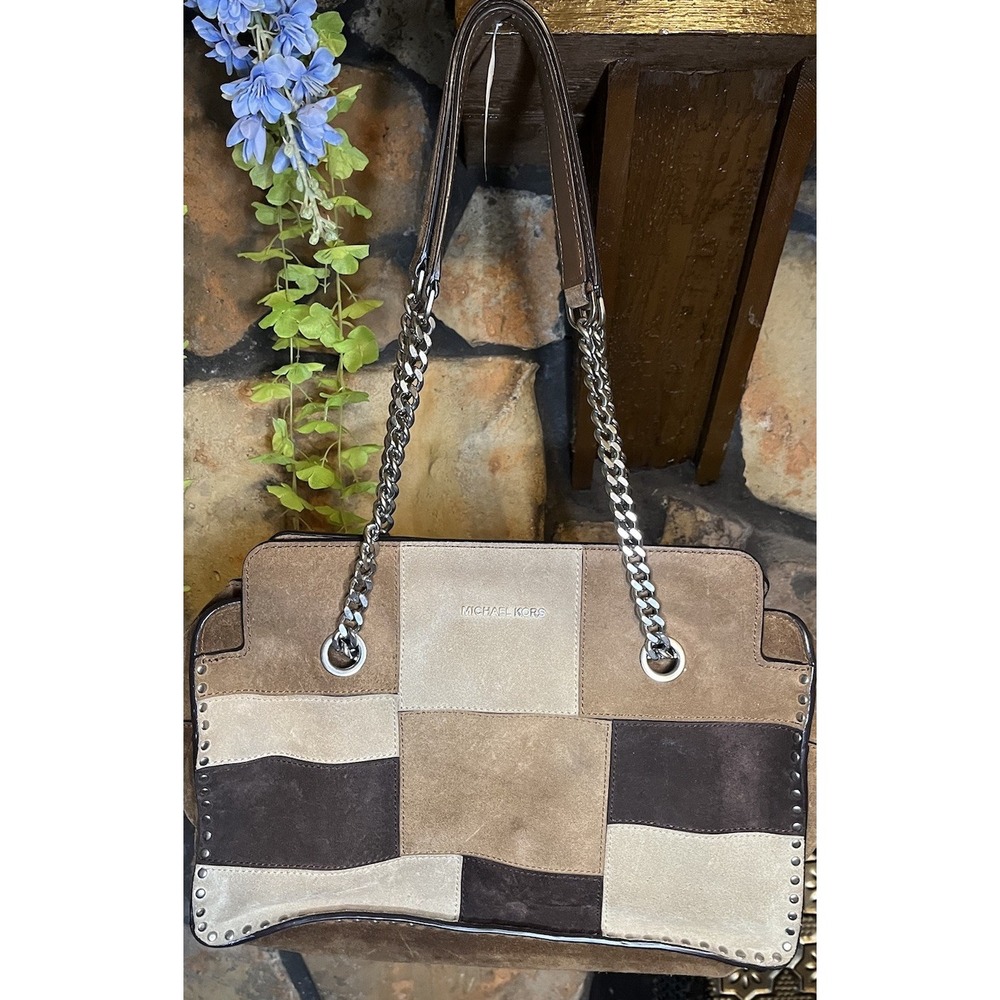 Michael Kors Patchwork Suede Studded Shoulder Bag Brown Beige Chain Strap
